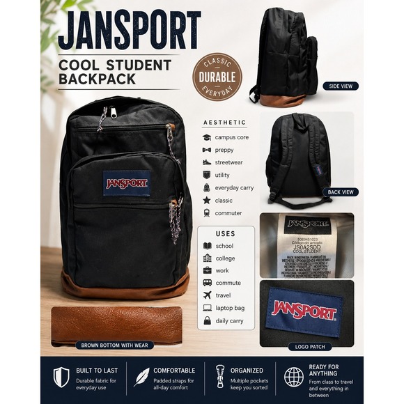 Jansport Other - JanSport Backpack Black Brown Unisex 34L Cool Student Laptop School College